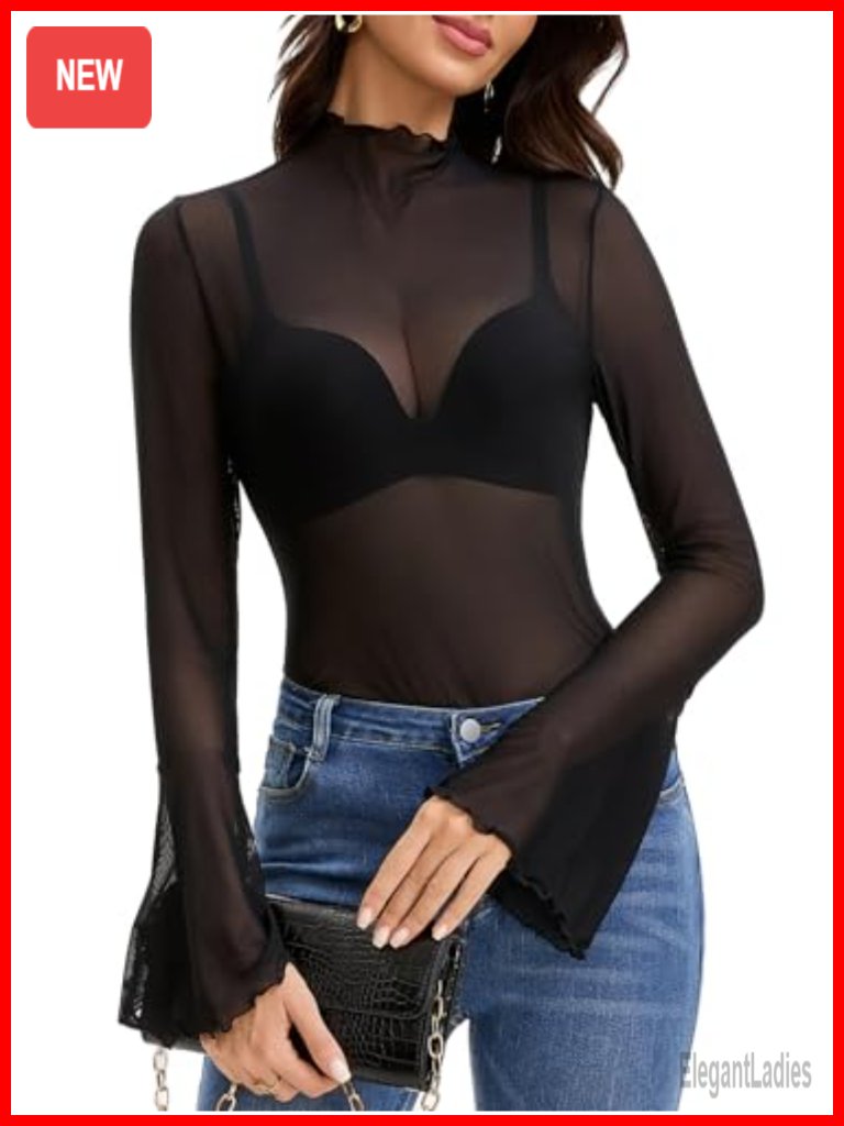 Mesh Long Bell Sleeve Blouse Sheer See Through Going Out Top